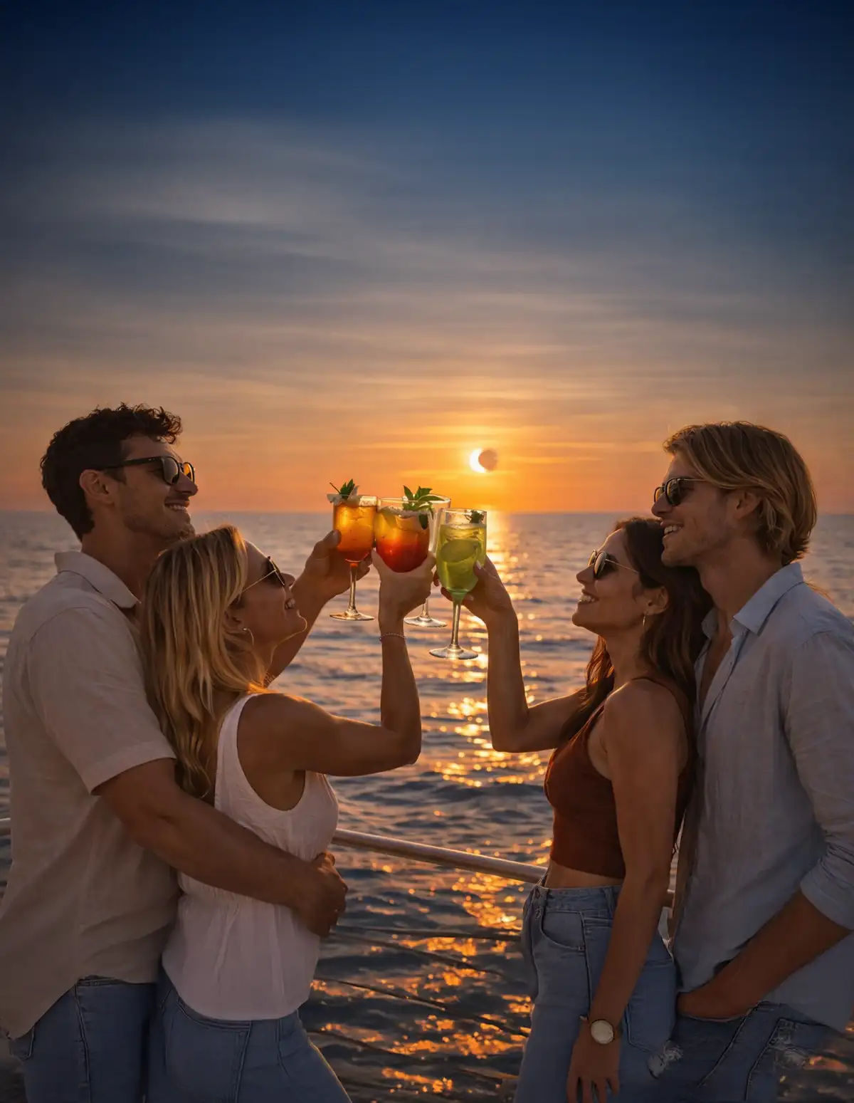 Couples trinquant avec des cocktails à bord d’un bateau au coucher du soleil pendant l’éclipse solaire à Majorque