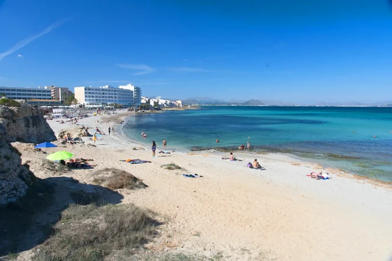 Playa de Can Picafort con aguas turquesas, Bahía de Alcúdia, Mallorca Playa de arena fina de Can Picafort con aguas turquesas en la Bahía de Alcúdia con bañistas disfrutando del mar, Mallorca